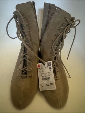 Zara Lace-Up Suede Ankle Boots in Taupe